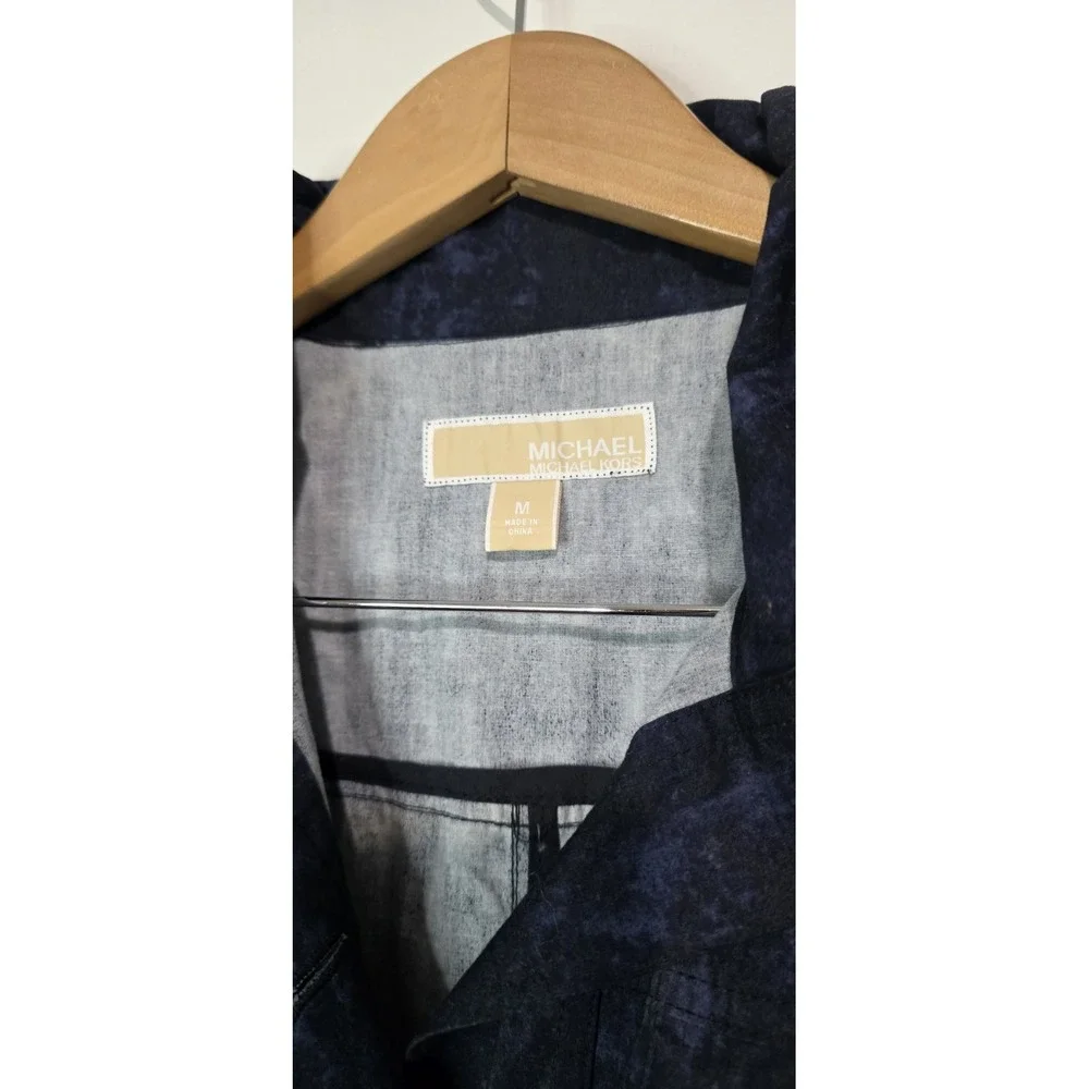 NEW Michael Kors Women Blue Scrunch Shirt  Stretch Dress‎ M 3/4 Sleeve Button Up